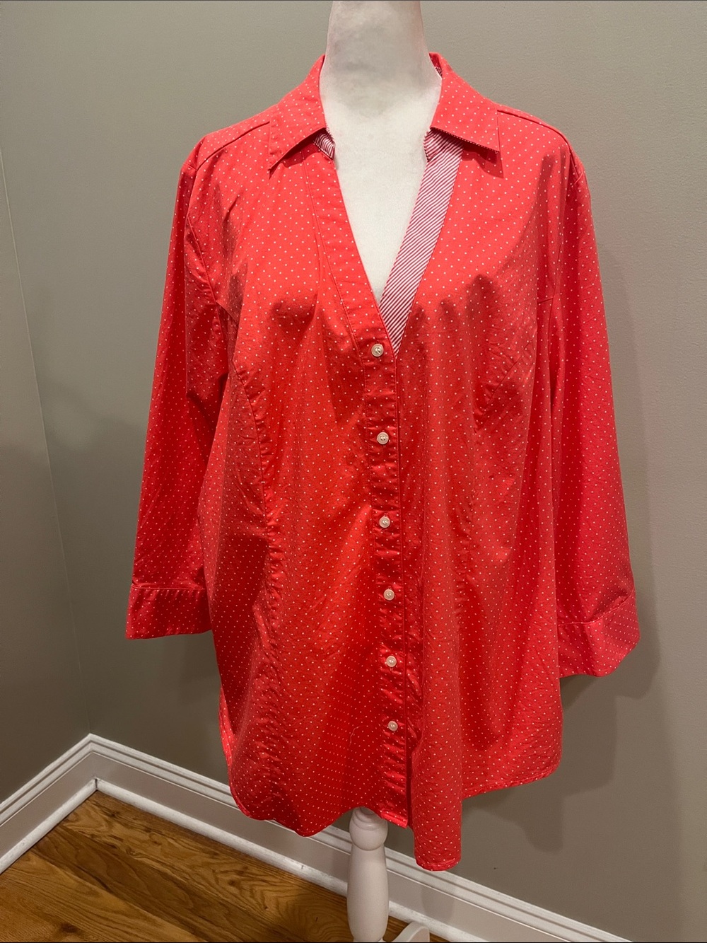 Lane Bryant Coral 3/4 Sleeve Polka Dot Button Down Top